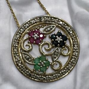 Vintage 18K Gold over 925 Ruby Emerald Sapphire and Diamond Pendant Necklace